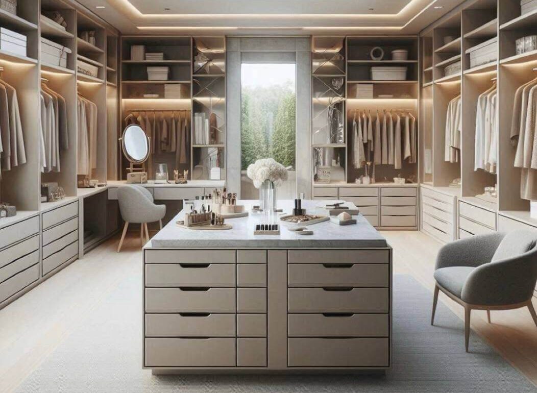 Eclat 245 luxury walk-in closet featuring central island, drawer storage, and symmetrical garment organization