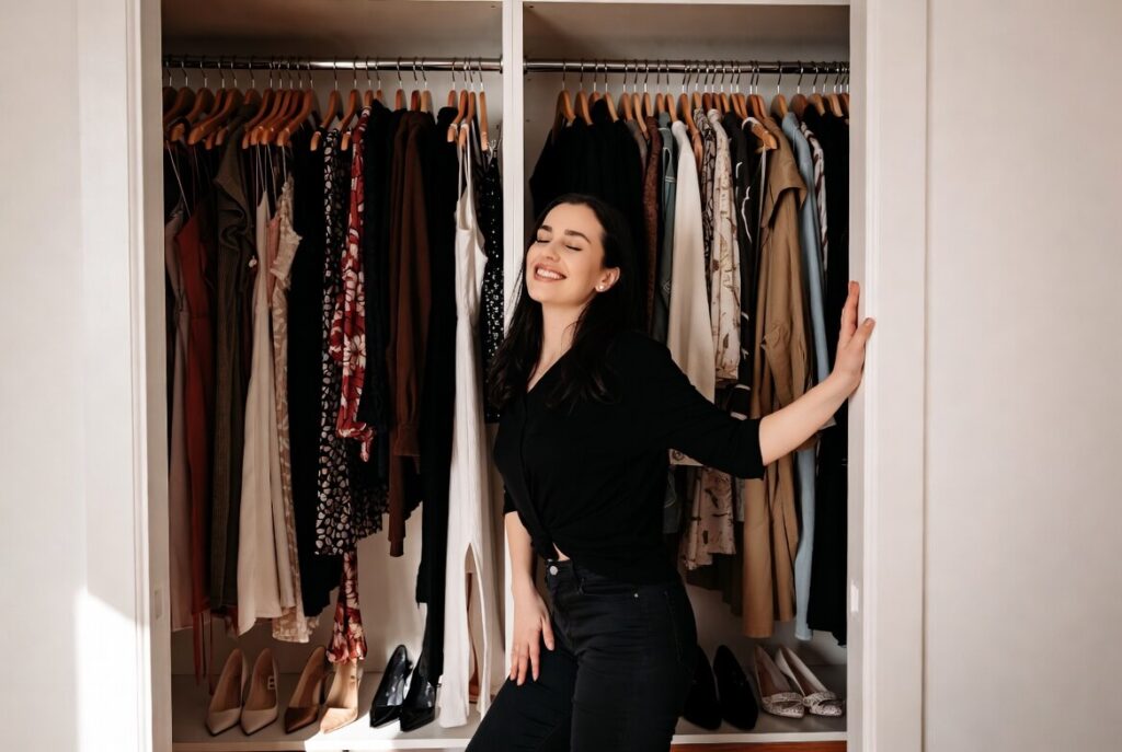 The Eclat 245 reveal: serene, hotel-luxury walk-in dressing room with soft ambient lighting, and impeccably arranged seasonal wardrobe