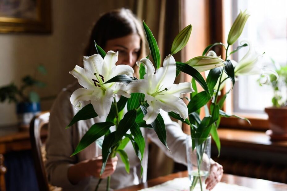 woman arranging lily flowers in a vase on a table