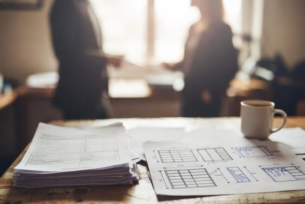 two people having a conversation in the background showing paperwork and sketches on a table in the foreground.