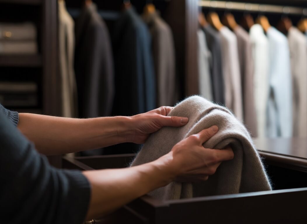 hands holding a sweater with hanging clothing in a closet in the background